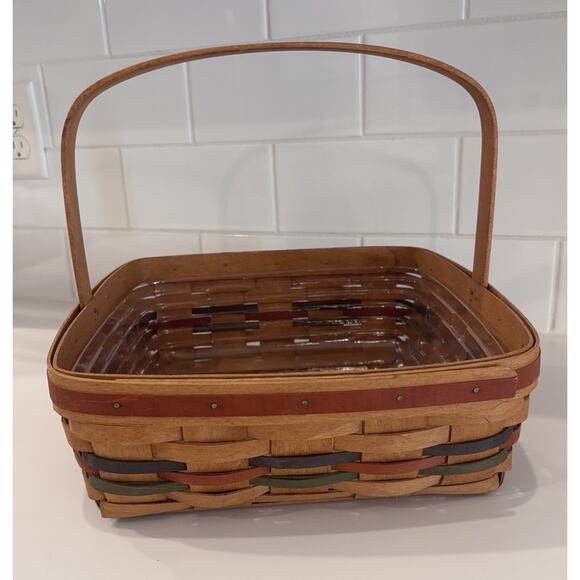 Longaberger Other - 1990 LONGABERGER Square Basket Stationary Handle Blue Green Red Bands 12"